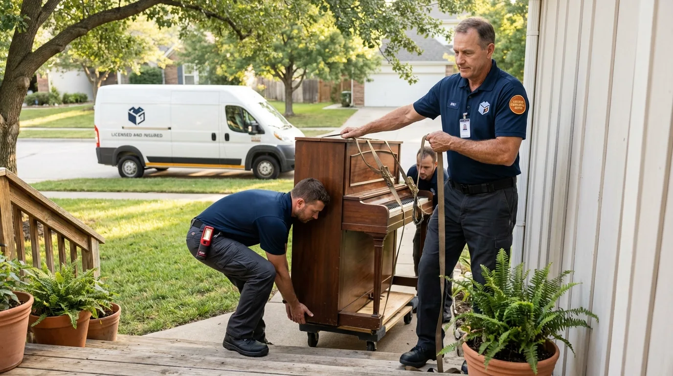 Licensed piano movers securing grand piano in Townsend, MA